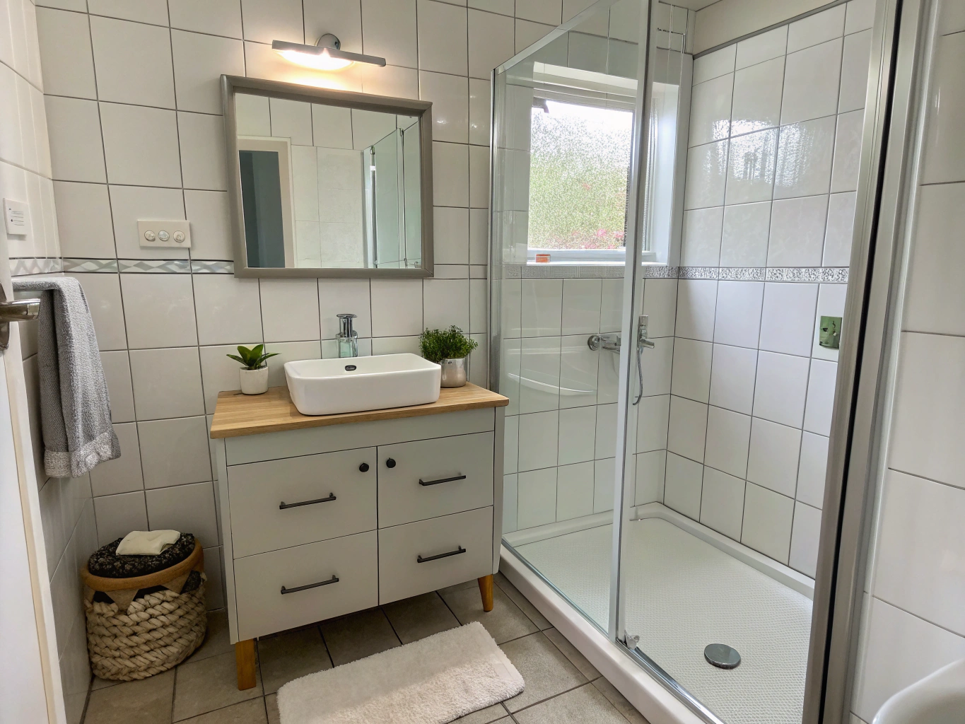 Modernes gefliestes Badezimmer mit Glaskabine in Werne